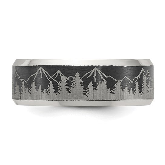 Chisel Stainless Steel Brushed Center with Laser Design Mountains 8mm Ring