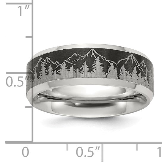 Chisel Stainless Steel Brushed Center with Laser Design Mountains 8mm Ring