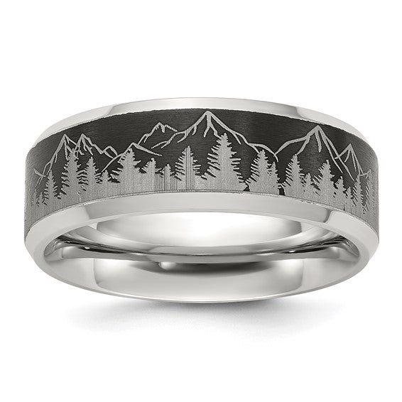 Chisel Stainless Steel Brushed Center with Laser Design Mountains 8mm Ring