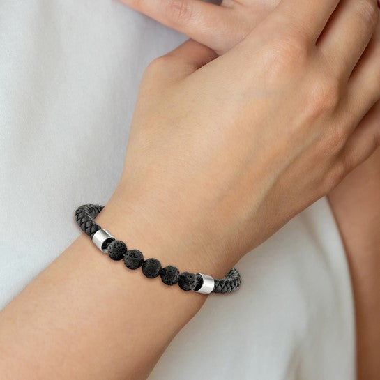 Chisel Stainless Steel Polished with Lava Stone Beads Black Leather 8.75 inch Bracelet