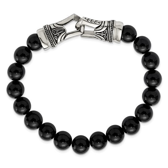 Chisel Stainless Steel Antiqued and Polished 10mm Black Agate Beaded Stretch Bracelet