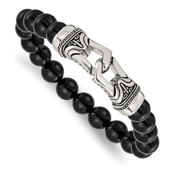 Chisel Stainless Steel Antiqued and Polished 10mm Black Agate Beaded Stretch Bracelet