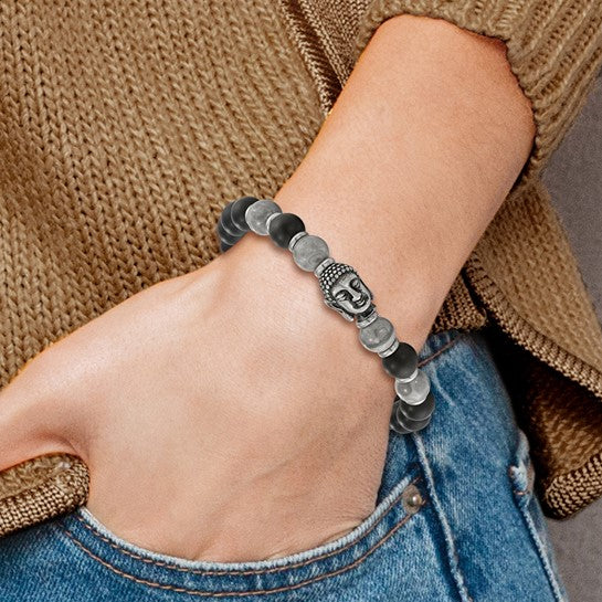 Chisel Stainless Steel Antiqued and Polished Buddha 8mm Black Agate and Grey Jasper Beaded Stretch Bracelet