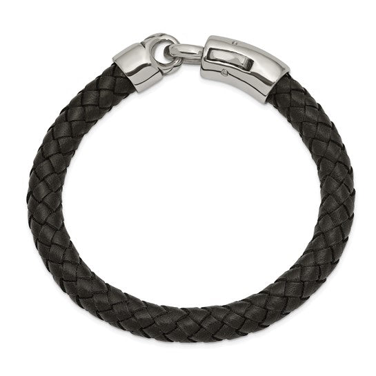 Chisel Stainless Steel Antiqued and Polished Black Braided Leather 8.25 inch Bracelet