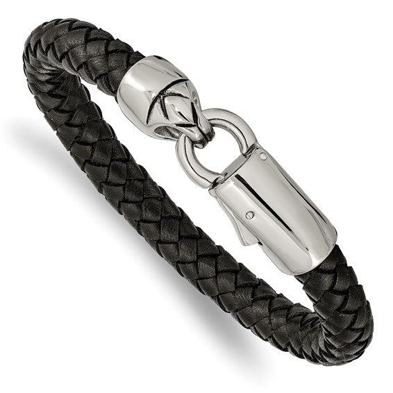 Chisel Stainless Steel Antiqued and Polished Black Braided Leather 8.25 inch Bracelet