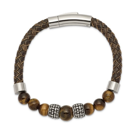 Chisel Stainless Steel Antiqued and Polished Tiger's Eye Beads Brown Leather 8.5 inch Bracelet