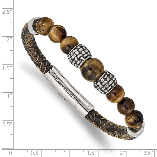 Chisel Stainless Steel Antiqued and Polished Tiger's Eye Beads Brown Leather 8.5 inch Bracelet