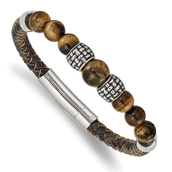 Chisel Stainless Steel Antiqued and Polished Tiger's Eye Beads Brown Leather 8.5 inch Bracelet