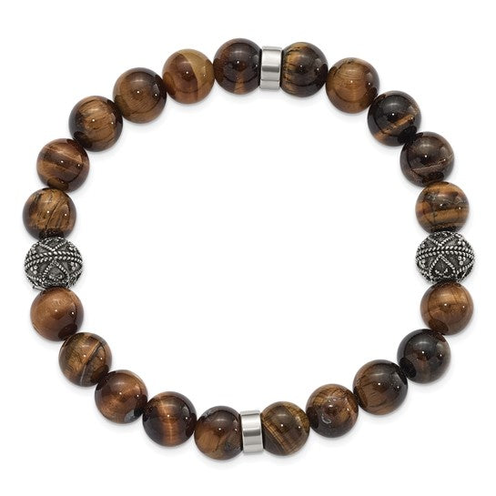 Chisel Stainless Steel Antiqued & Polished 10mm Tiger's Eye Stretch Bracelet