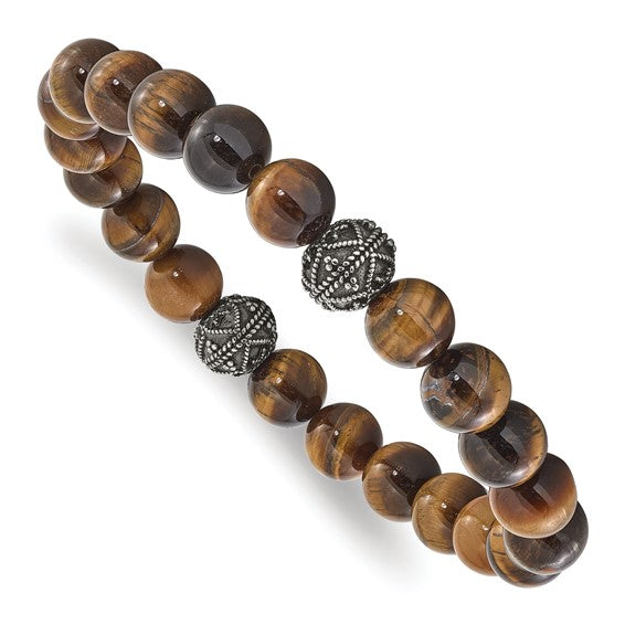 Chisel Stainless Steel Antiqued & Polished 10mm Tiger's Eye Stretch Bracelet