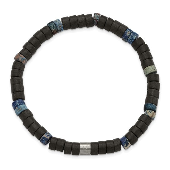 Chisel Stainless Steel Brushed Blue Sediment and Black Agate Beaded Stretch Bracelet