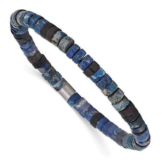 Chisel Stainless Steel Brushed Blue Sediment and Black Agate Beaded Stretch Bracelet