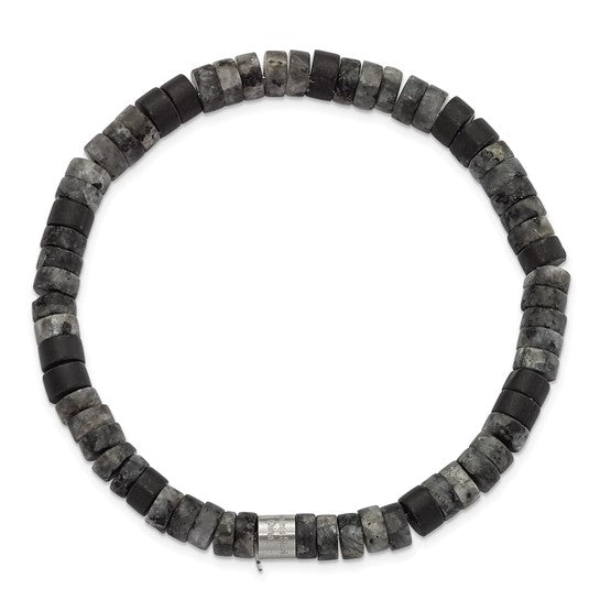 Chisel Stainless Steel Brushed Spectrolite and Black Agate Beaded Stretch Bracelet