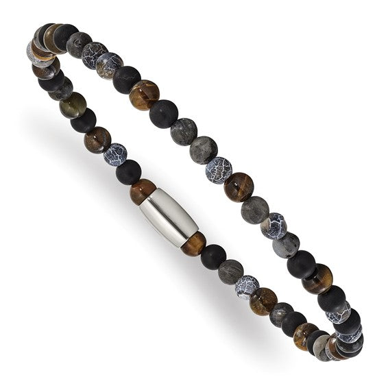 Chisel Stainless Steel Polished 5mm Spectrolite, Agate, Tiger's Eye and Blue Stone Beaded Stretch Bracelet