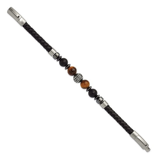 Chisel Stainless Steel Brushed and Polished Onyx and Tiger's Eye Black Leather 8 inch Plus .5 inch Extension Bracelet