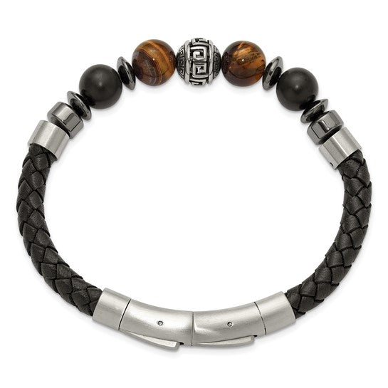 Chisel Stainless Steel Brushed and Polished Onyx and Tiger's Eye Black Leather 8 inch Plus .5 inch Extension Bracelet