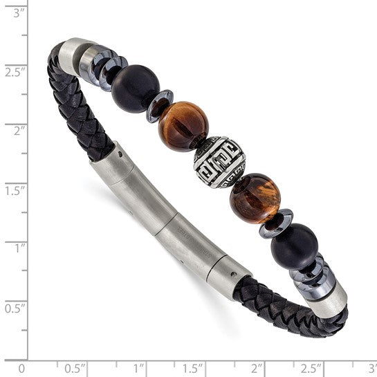 Chisel Stainless Steel Brushed and Polished Onyx and Tiger's Eye Black Leather 8 inch Plus .5 inch Extension Bracelet