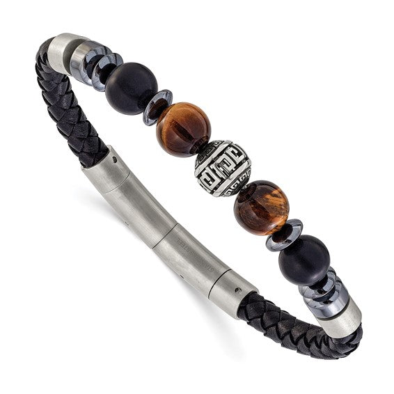 Chisel Stainless Steel Brushed and Polished Onyx and Tiger's Eye Black Leather 8 inch Plus .5 inch Extension Bracelet