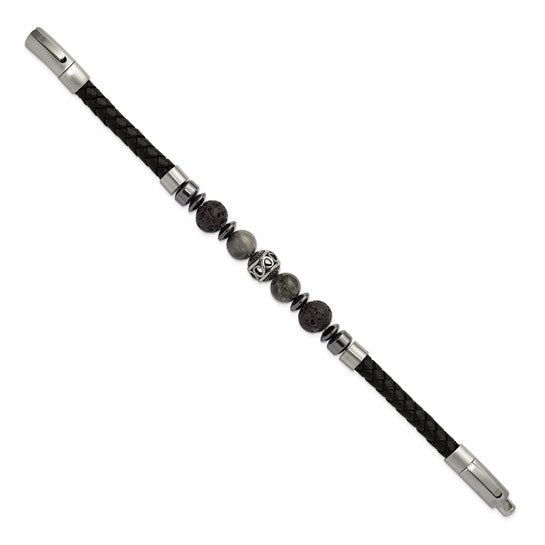 Chisel Stainless Steel Brushed Lava and Tiger's Eye and Hematite Black Leather 8 inch Plus .5 inch Extension Bracelet