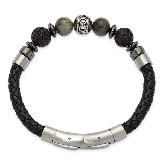 Chisel Stainless Steel Brushed Lava and Tiger's Eye and Hematite Black Leather 8 inch Plus .5 inch Extension Bracelet