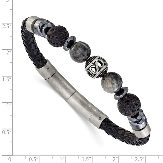 Chisel Stainless Steel Brushed Lava and Tiger's Eye and Hematite Black Leather 8 inch Plus .5 inch Extension Bracelet