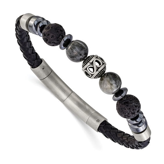 Chisel Stainless Steel Brushed Lava and Tiger's Eye and Hematite Black Leather 8 inch Plus .5 inch Extension Bracelet