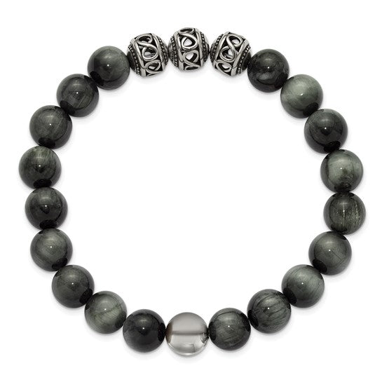 Chisel Stainless Steel Antiqued and Polished 11mm Grey Tiger Eye Beaded 7.75 inch Stretch Bracelet