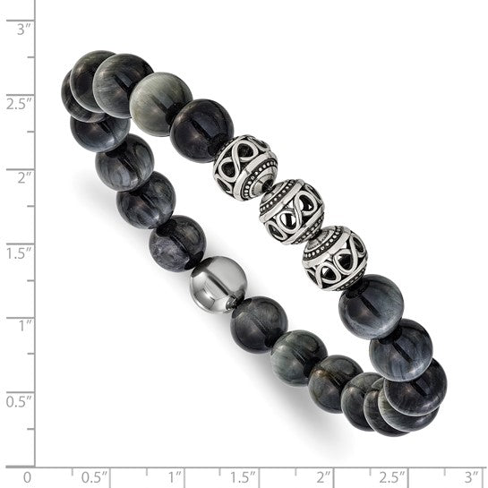 Chisel Stainless Steel Antiqued and Polished 11mm Grey Tiger Eye Beaded 7.75 inch Stretch Bracelet