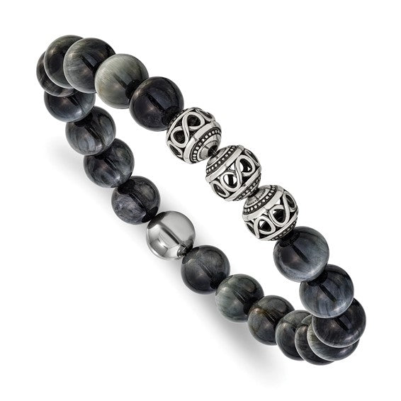 Chisel Stainless Steel Antiqued and Polished 11mm Grey Tiger Eye Beaded 7.75 inch Stretch Bracelet