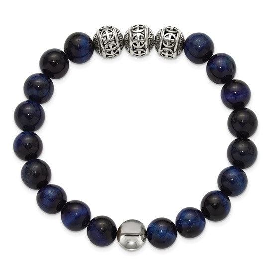 Chisel Stainless Steel Antiqued and Polished 10mm Blue Tiger's Eye Beaded 7.5 inch Stretch Bracelet