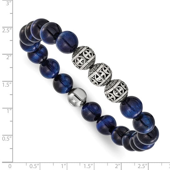 Chisel Stainless Steel Antiqued and Polished 10mm Blue Tiger's Eye Beaded 7.5 inch Stretch Bracelet