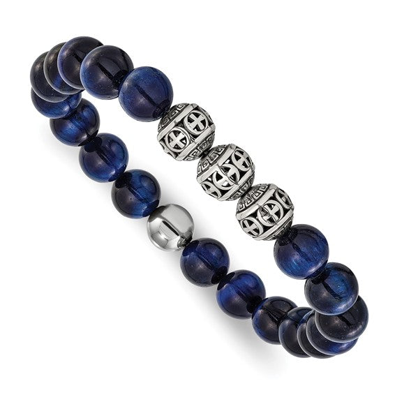 Chisel Stainless Steel Antiqued and Polished 10mm Blue Tiger's Eye Beaded 7.5 inch Stretch Bracelet