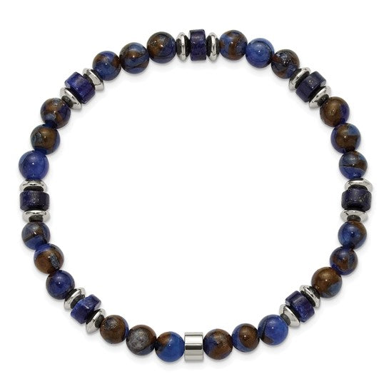 Chisel Stainless Steel Polished 6.50mm Blue Golden and Lapis Beaded 7.75 inch Stretch Bracelet