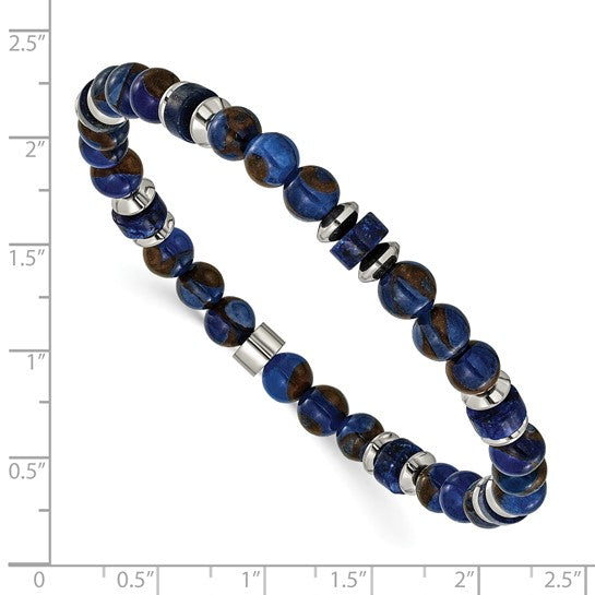 Chisel Stainless Steel Polished 6.50mm Blue Golden and Lapis Beaded 7.75 inch Stretch Bracelet