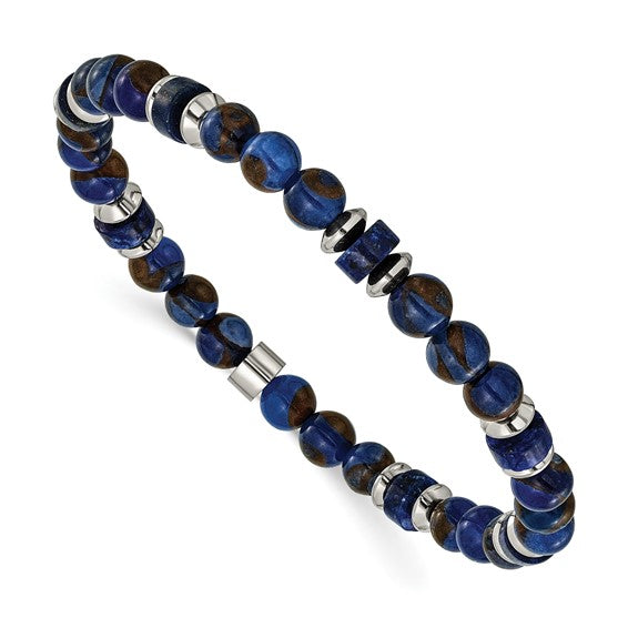 Chisel Stainless Steel Polished 6.50mm Blue Golden and Lapis Beaded 7.75 inch Stretch Bracelet