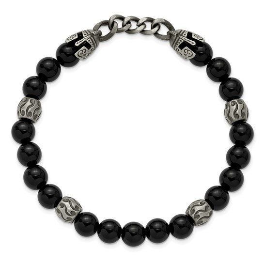 Chisel Stainless Steel Antiqued White Bronze-plated Knight Helmets 8mm Agate and Onyx Beaded 7.75 inch Stretch Bracelet