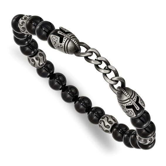 Chisel Stainless Steel Antiqued White Bronze-plated Knight Helmets 8mm Agate and Onyx Beaded 7.75 inch Stretch Bracelet